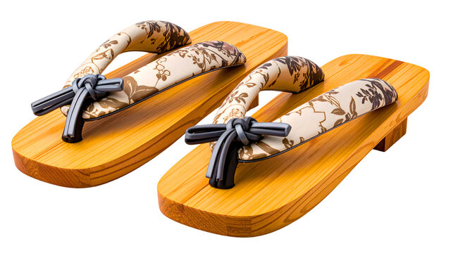 Japanese geta wooden sandals with fabric straps, traditional footwear object, isolated on a white background.