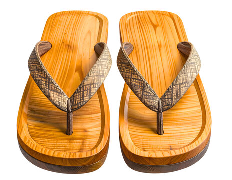 Japanese geta wooden sandals with fabric straps, traditional footwear object, isolated on a white background.