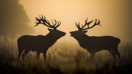 dominance. Two stags with locked antlers in misty morning light, wildlife encounter. wildlife magazines, conservation campaigns, designed for eco-tourism storytelling, used by social media managers.
