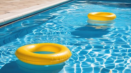 Yellow Inflatable Rings Floating in Blue Swimming Pool on Sunny Summer Day
