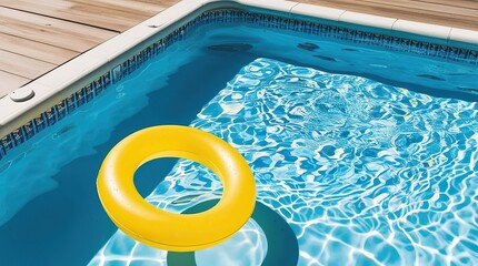 Yellow Inflatable Rings Floating in Blue Swimming Pool on Sunny Summer Day
