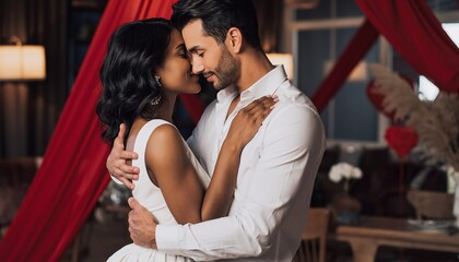 Romantic Couple Embracing in Intimate Setting.