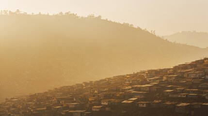 shantytown. Hillside shantytown with corrugated metal roofs in warm twilight. real-estate listings, architecture portfolios, designed for interior renovation comparisons for interiors.
