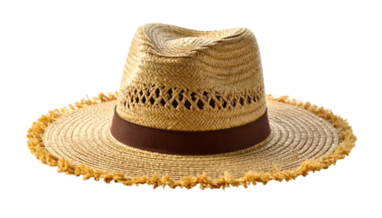 A woven straw hat, brown band, wide brim with fringe, against a black background