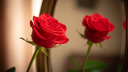 Beautiful Red Rose Reflection in a Vintage Mirror, Concept of Classic Beauty and Eternal Romance Valentines day
