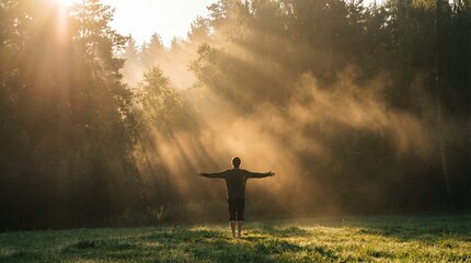 Person embracing misty sunrise in serene forest