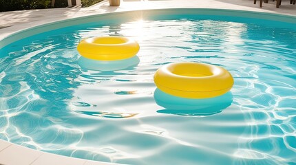  Inflatable Rings Floating in Blue Swimming Pool on Sunny Summer Day