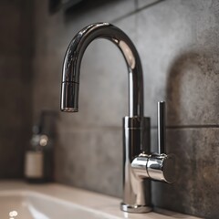 Polished chrome faucet stands over a white sink with a sleek, minimalist design in a bathroom