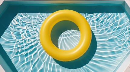 Yellow Inflatable Rings Floating in Blue Swimming Pool on Sunny Summer Day