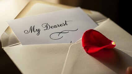 Romantic Love Letter with Handwritten My Dearest Calligraphy and a Single Red Rose Petal Valentines day