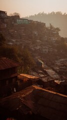 shantytown. Hillside shantytown with corrugated metal roofs in warm twilight. real-estate listings, architecture portfolios, designed for interior renovation comparisons for interiors.
