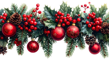 Festive Christmas garland with holly, berries, ornaments, pine and evergreen boughs