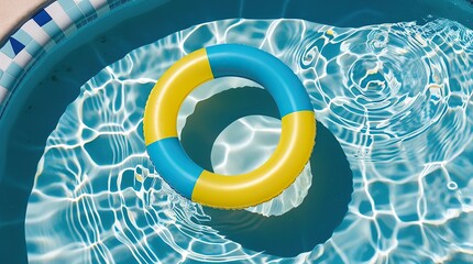 Yellow Inflatable Rings Floating in Blue Swimming Pool on Sunny Summer Day
