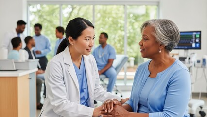 Female Doctor Consulting Senior Patient in Hospital.
