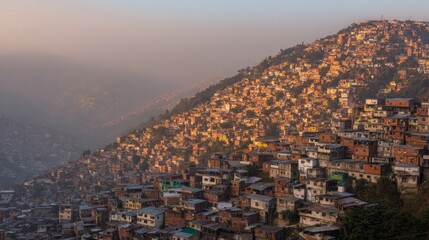 shantytown. Hillside shantytown with corrugated metal roofs in warm twilight. real-estate listings, architecture portfolios, designed for interior renovation comparisons for interiors.
