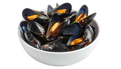 A white bowl overflowing with cooked mussels, shells open and bright orange insides visible