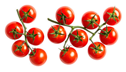 Ripe, vibrant red cherry tomatoes on green stems, against a stark black background