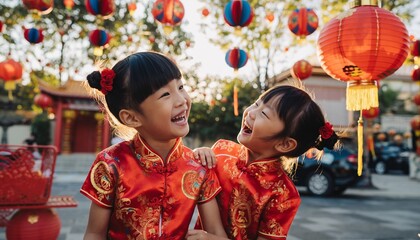 Two Happy Asian Children in Traditional Red Outfits Celebrating Chinese New Year.