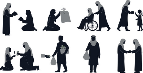 Acts of kindness silhouette, Muslim women helping, caregiving vector icon, charity gesture illustration, community support scene, cad drawing flat vector illustration