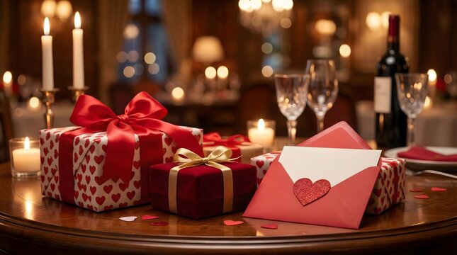 Romantic dinner setting with red gift boxes,love letter and wine glasses on wooden table,candlelight atmosphere for valentine day celebration,anniversary or special date night event