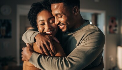 Young Black Couple Embracing Warmly Indoors at Home.