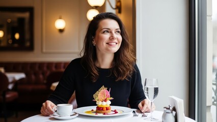 Woman Enjoying Coffee and Pastry in Cafe.