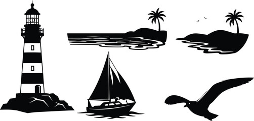 black and white nautical icons with lighthouse sailboat seagull and tropical islands