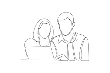 businessman Using Laptop Together, Continuous Line Drawing Illustration