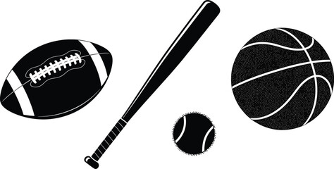 collection of sports equipment objects  football baseball bat basketball