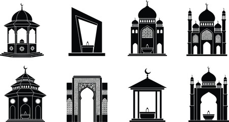 Islamic architecture silhouette, mosque dome vector, water fountain design, crescent moon minaret, ornamental archway, cultural heritage, black outline, cad drawing flat vector illustration