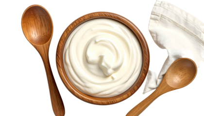 Creamy white dollop of yogurt in a wooden bowl, flanked by spoons, and a napkin