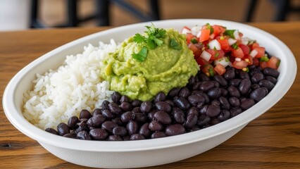 Delicious Mexican Rice Bowl with Beans and Guacamole.