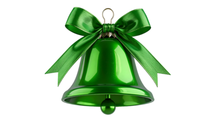 Shiny green Christmas bell with ribbon and gold accents on a black backdrop