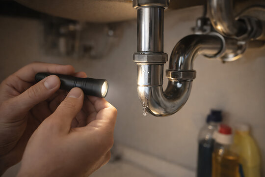 Plumber inspecting leaky pipe with flashlight in hand