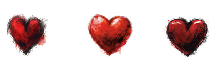 Three realistic red hearts in varying shades detailed textures on transparent background