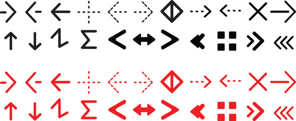 A collection of black and red directional arrows and geometric shapes on a white background, viewed from a straightforward perspective.