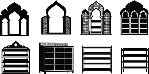 Islamic architecture, ornate arches, decorative windows, traditional design, bookshelf silhouette, interior elements, vector art, flat design, cad drawing flat vector illustration
