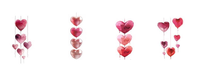 A collection of watercolor hearts in various shades of pink suspended on transparent background