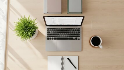 Modern Workspace with Laptop and Coffee.