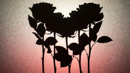 Silhouette of a Bouquet of Roses Arranged in a Heart Shape Against a Warm Pink and Orange Sunset Valentines day