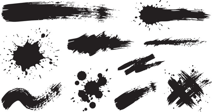 Set of black grunge ink brush strokes and paint splatters. Abstract dirty artistic texture design elements isolated on white.