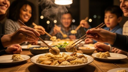 Family Sharing Meal with Chopsticks Together.
