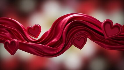 Abstract Flowing Red Silk Fabric with Three-Dimensional Hearts on a Soft Bokeh Background Valentines day