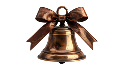 Bronze bell with attached ribbon, isolated on a black background