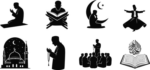 Islamic prayer silhouette, Quran reading icon, mosque vector, spiritual worship design, Arabic calligraphy, religious gathering, cad drawing flat vector illustration