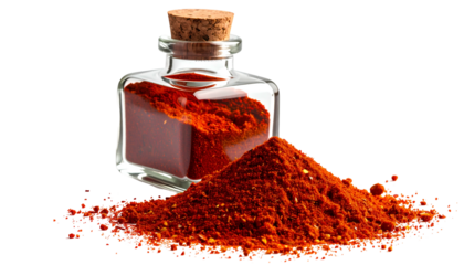 Small glass bottle with cork filled with red powder, with a matching pile beside it on black