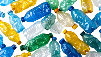 Top-down view of a collection of brightly colored, crumpled plastic bottles, scattered