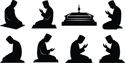 Islamic prayer silhouette, seated worship pose, shrine vector icon, traditional attire, devotion illustration, black figure art, cad drawing flat vector illustration
