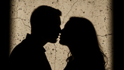 Intimate Silhouette of a Man and Woman About to Kiss Against a Grungy Textured Wall Valentines day