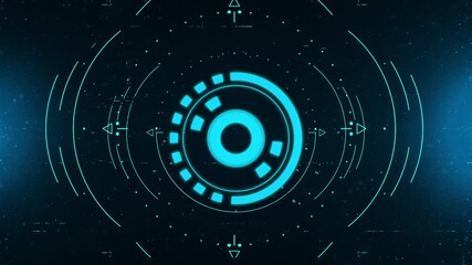 Futuristic circular HUD interface with glowing blue scanning rings and digital radar elements on dark background. Ideal for sci-fi VFX overlays, UI animation, targeting systems, and technology visuals - Powered by Adobe